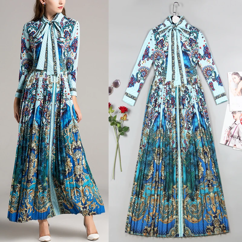 

New 2018 spring summer brand style peacock print pleated butterfly dress.