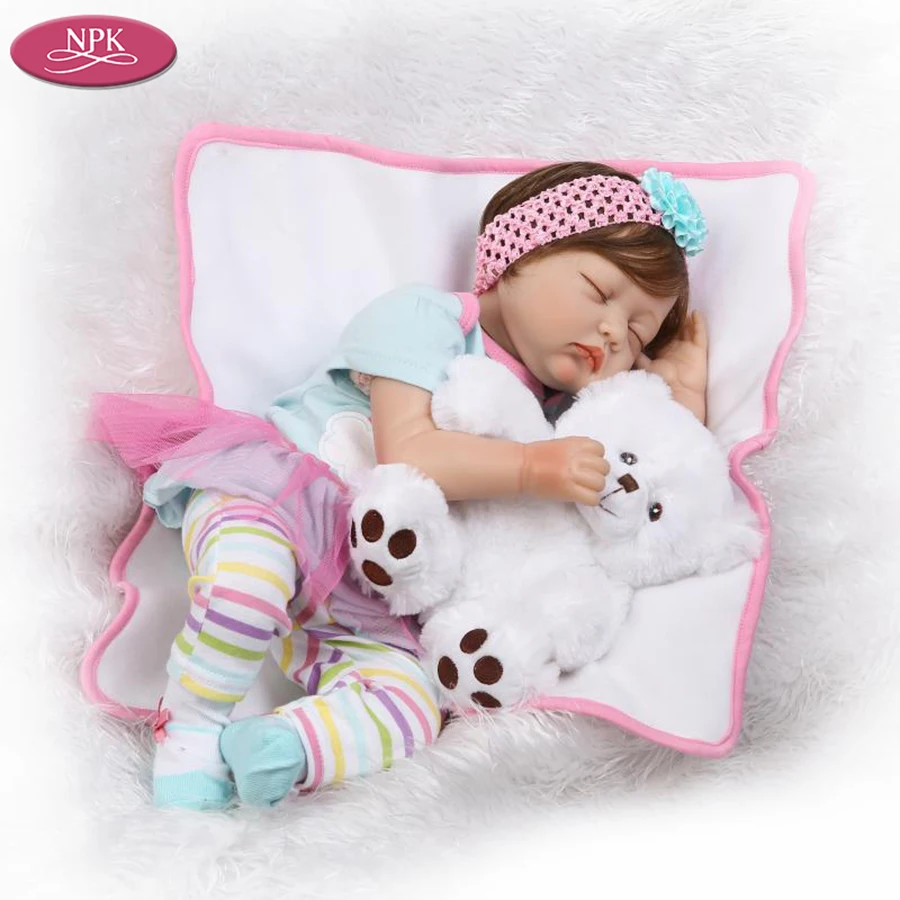 NPK 55CM Silicon Doll Lifelike Reborn Baby Girl Soft Cloth Body Realistic Babies Dolls + White Bear Stuffed Toys Children Gifts (5)