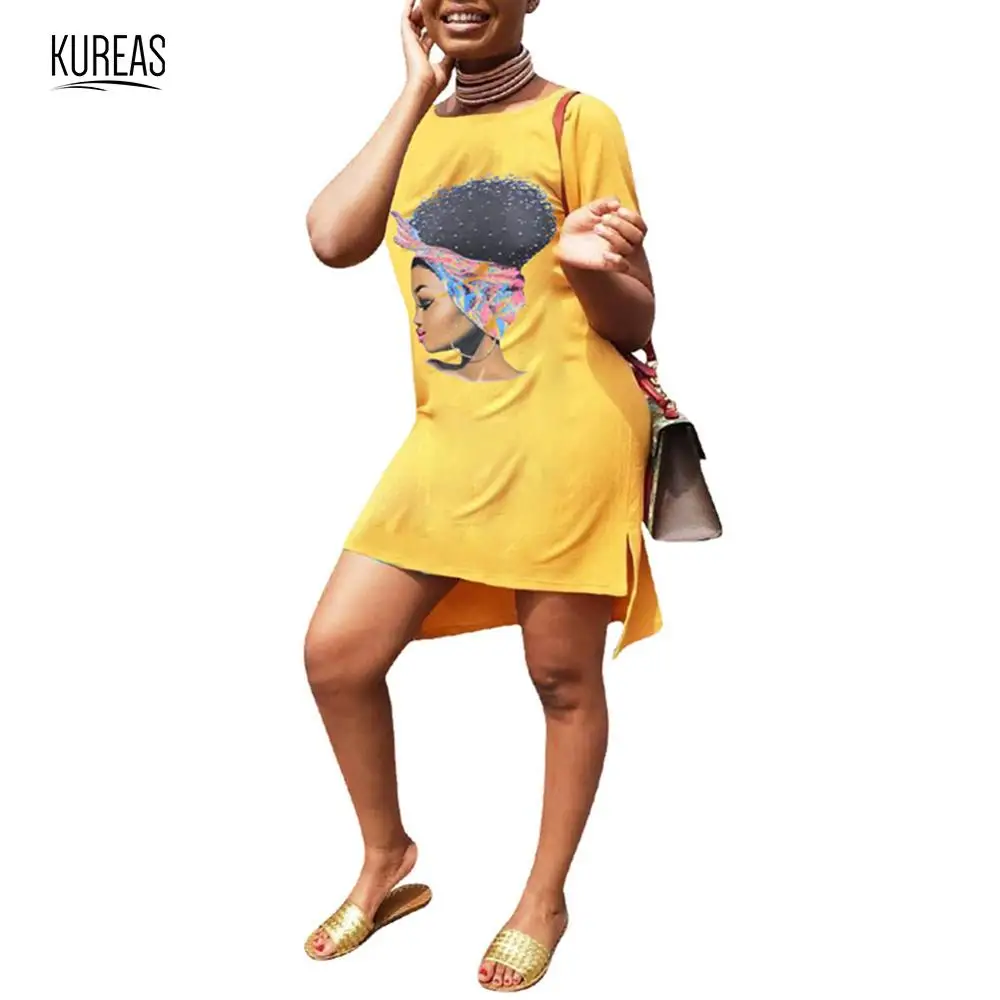 Kureas, женские африканские платья, повседневные, Vestido Dashiki, свободный принт, асимметричный подол, цельное мини-платье-рубашка, африканская одежда