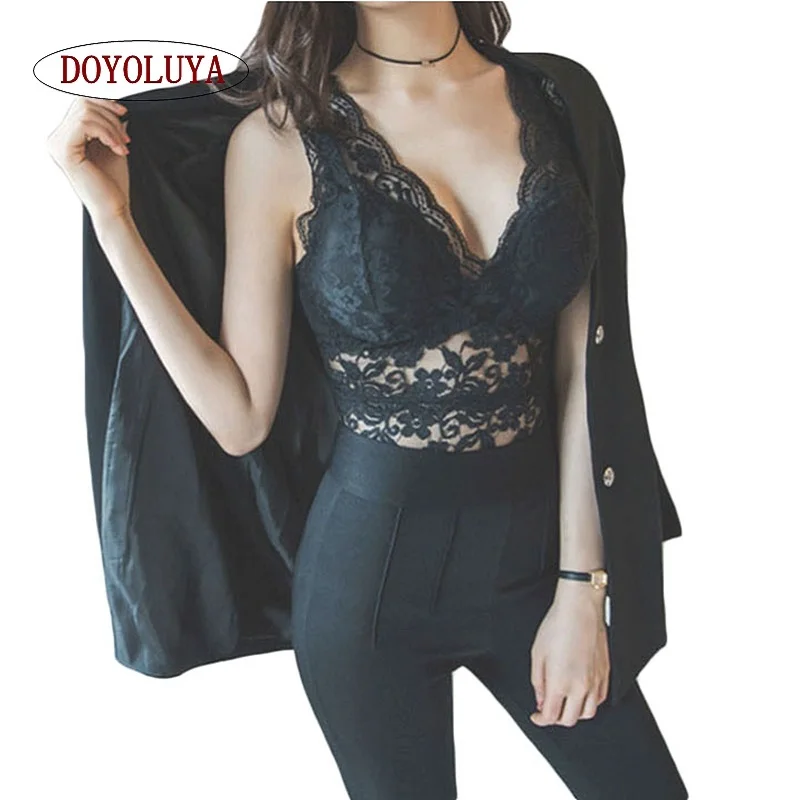 

[DOYOLUYA] Women Sexy Lace Tank Top Bustier Cami Night Club Casual Strappy Bralette Crop Top Black