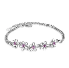 Simple 925 Silver Cute Romantic Flowers Shape Purple Zirconia Chain Bracelet For Girls Women Female Charm Bracelet Jewelry BL031