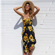 JSMY Women New Sunflower Pineapple Pattern Print Sling Buttoned Backless Sexy Dress Holiday Beach Dress kids pineapple print tie dress