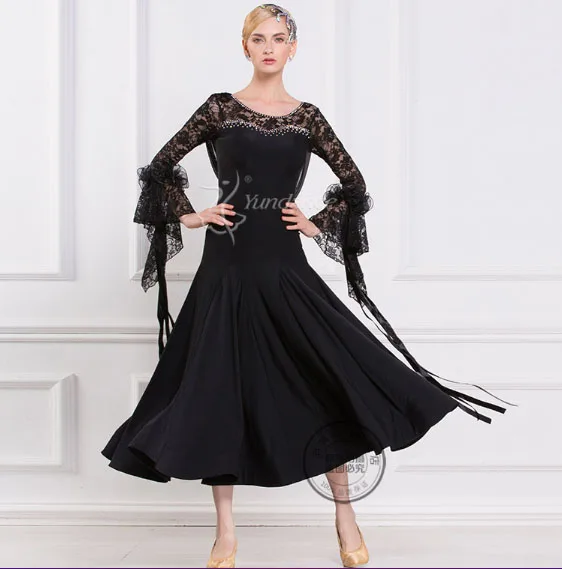 

New black long lace sleeve rhinestone adult Ballroom Fox trot tango Modern Waltz competition Dance Dress