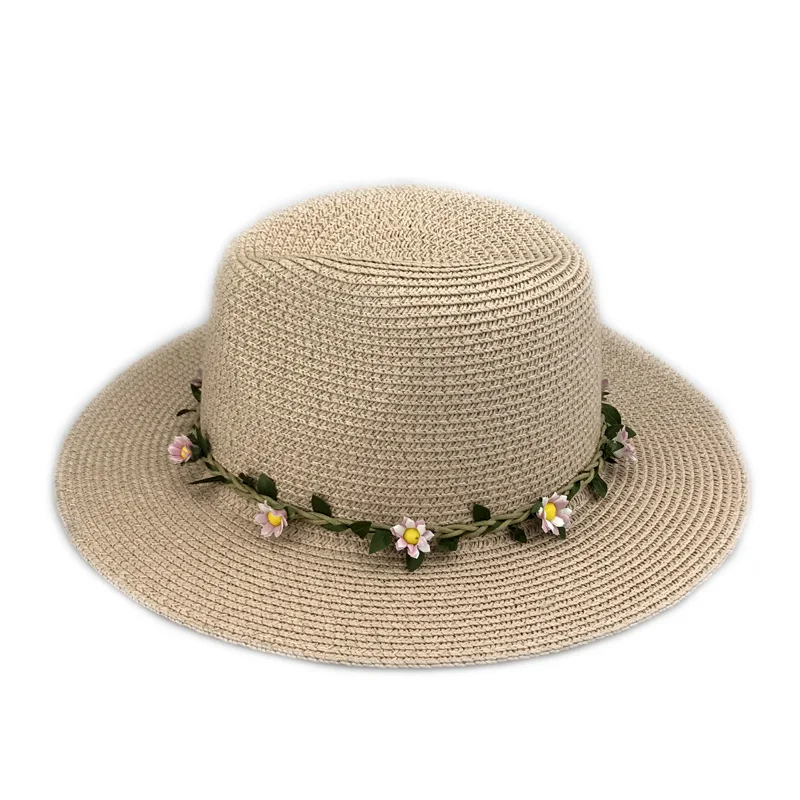 Small Flower Headband Straw Sun Hats Women Wide Brim Beach Cap Summer Sun Visor Hat Panama Jazz Hats,Pink Straw Panama