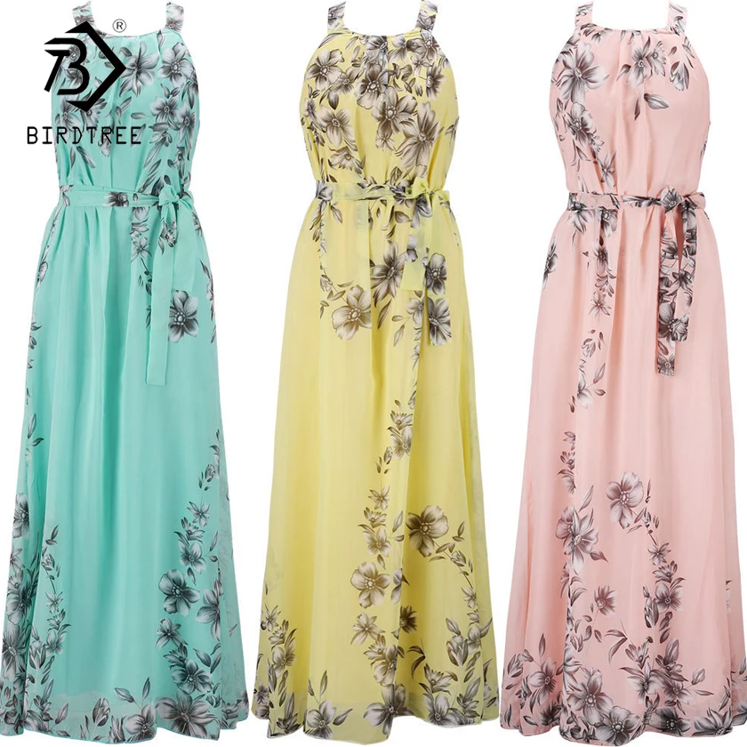 

Plus Size S-6XL 2018 Summer New Women's Long Dresses Beach Floral Print Boho Maxi Dress With Sashes Women Clothing D86001L