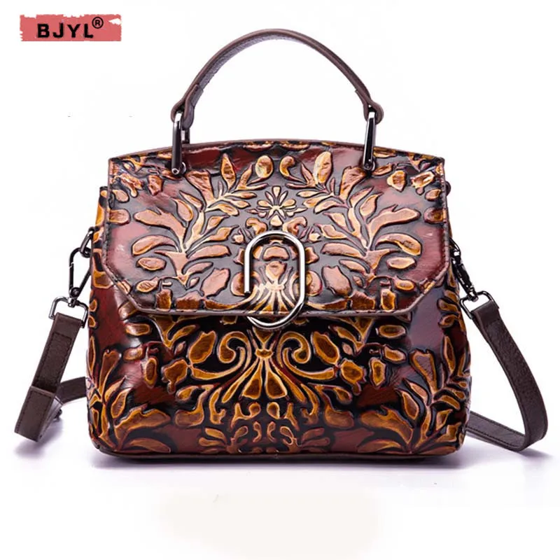 

BJYL Genuine Leather Women handbags head layer leather original hand-embossed color shoulder bag portable fashion messenger bags