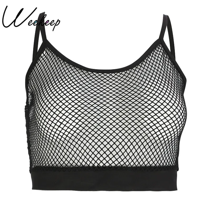 

Weekeep Sexy Black Hollow Out Cropped Tank Top Women Summer Mesh Top Feminino Party&Club Workout Bralette Bustier Tank Tops Tees