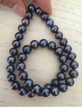 

AAA7-8mm round tahitian black green pearl necklace 18"14k