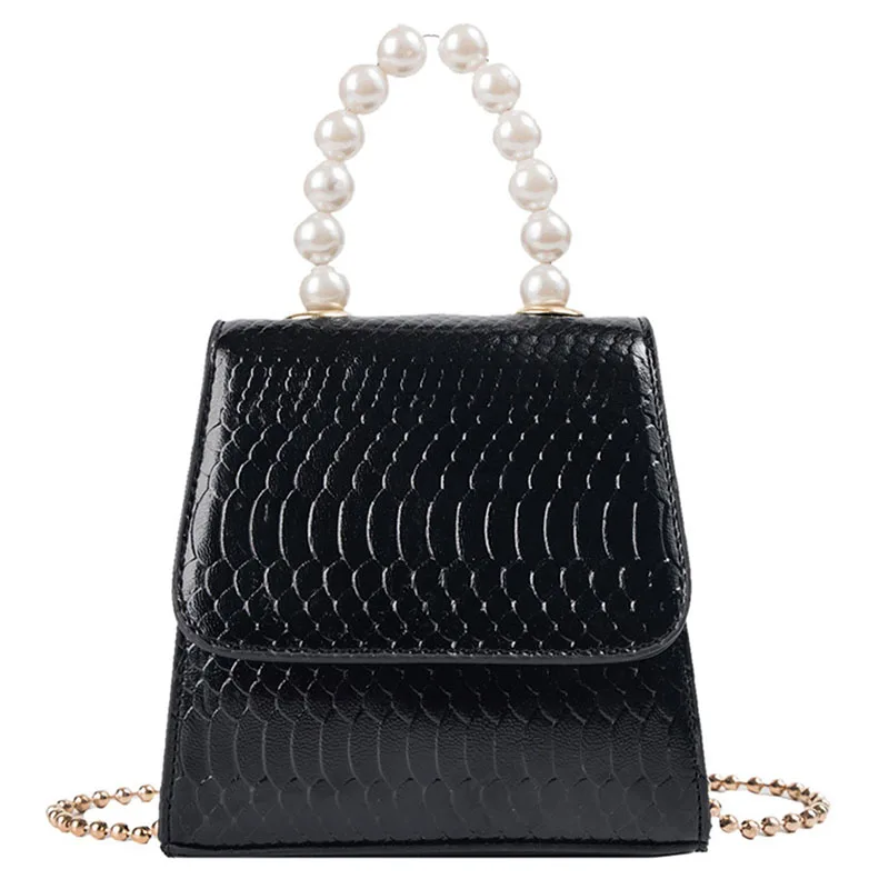 

Pearl Tote Bag Fashion New Pu Leather Handbag Crocodile Pattern Chain Shoulder Messenger Bags Black