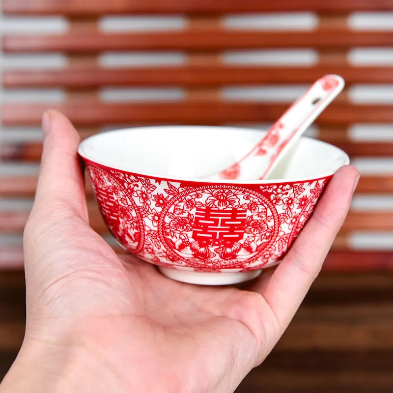 Chinese wedding couple bowls ceramic set bowl with red spoons Happy