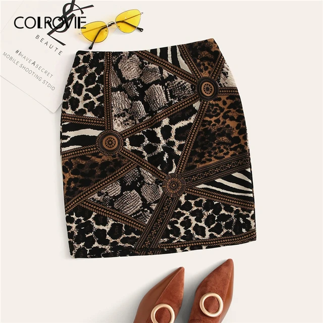 US $6.99 COLROVIE Mixed Animal Print Elegant Bodycon Skirt Women Bottoms 2019 Summer Korean Pencil Skirt Off