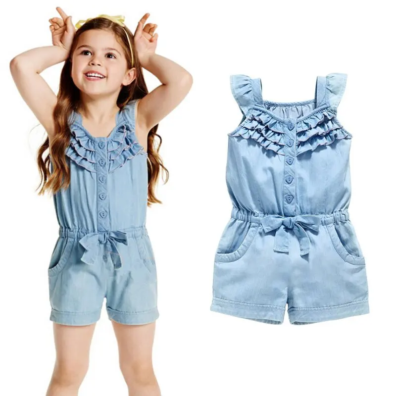 

Kids Girls Clothing Rompers Denim Blue Cotton Washed Jeans Sleeveless Bow Jumpsuit 0-5Y hot