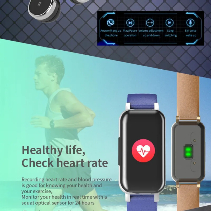 2-в-1 Смарт-часы Напульсники спортивные часы Фитнес браслет с Bluetooth 5,0 наушники крови Давление измерения