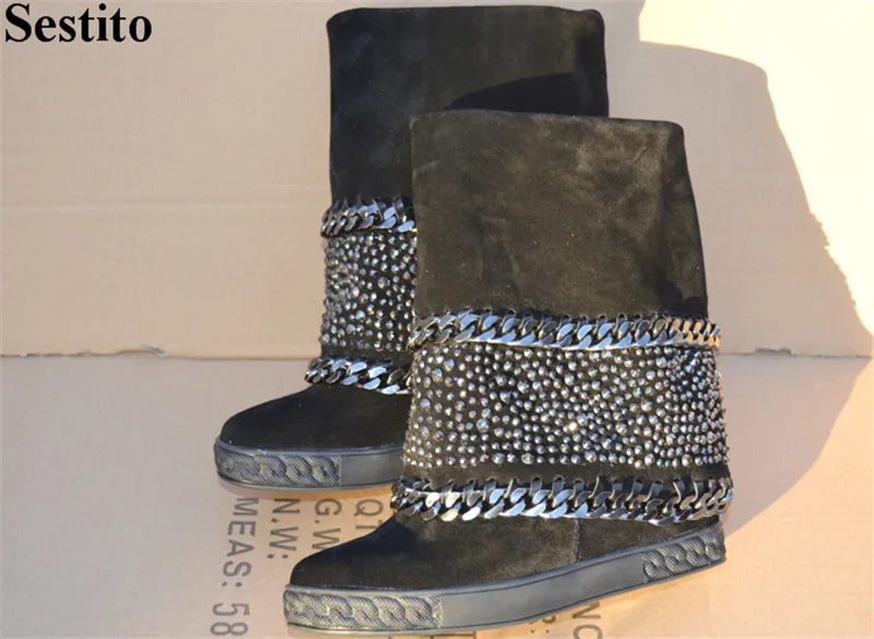 

Concise Black Flock Rivet Chain Casual Boots Round Toe Flat 8 cm Height Increasing Mid-Calf Boots For Women Slip-on Women Shoes