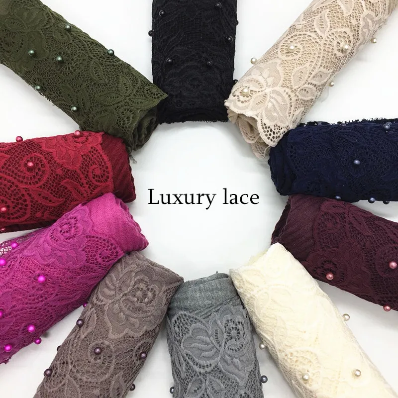 

luxury Water soluble lace edges scarves Arab head scarf pearl Hijabs female cotton plain Muslim ripple shawl winter wrinkle wrap