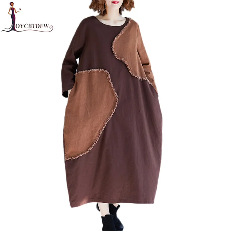 Large size Women Dress 2019 Spring New Fashion long sleeve Tops Summer Loose splice Art Fat MM Cotton linen Dresses TTT058 | Женская