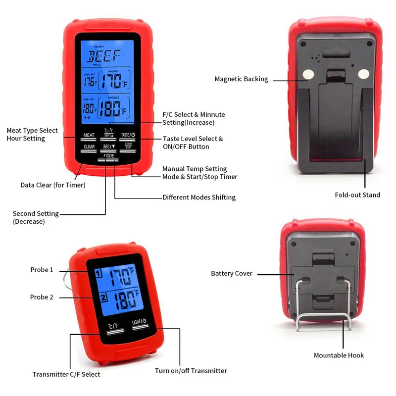 ЖК-цифровой термометр, кухонный таймер для еды, дистанционный двойной зонд, духовка, беспроводной электронный термостат, контроллер, барбекю, приготовление мяса