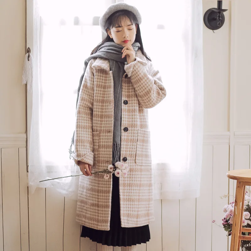 Korean Sweet Winter Women Long Coat England Style Plaid Thicken Warm Female Tweed Outerwear Literature Elegant Lady Wool Jackets