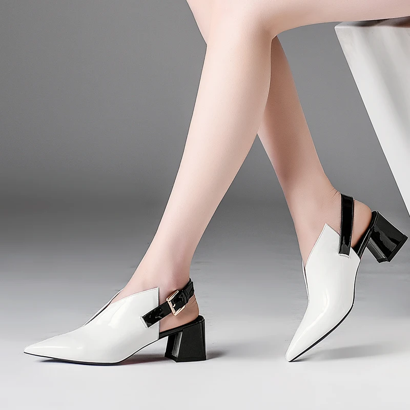 

Concise Genuine Leather Sling Back Pointed Toe High Heels Women Sandals Black White Office Lady Ladies Wedding Shoes