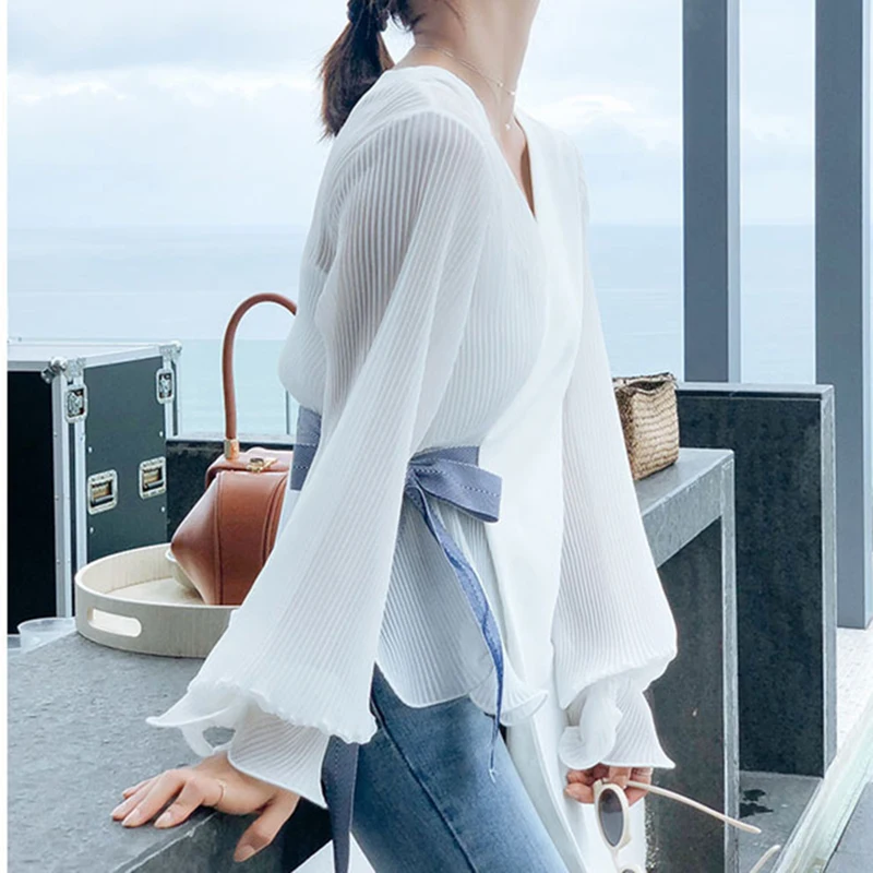 Высокое качество Новые модной Топы Для женщин с длинным рукавом рюшами Шифоновая Блузка Топы