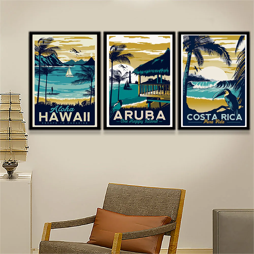 Vintage Poster Hawaii Tropical Sea Beach Seascape Art Canvas Huge Print