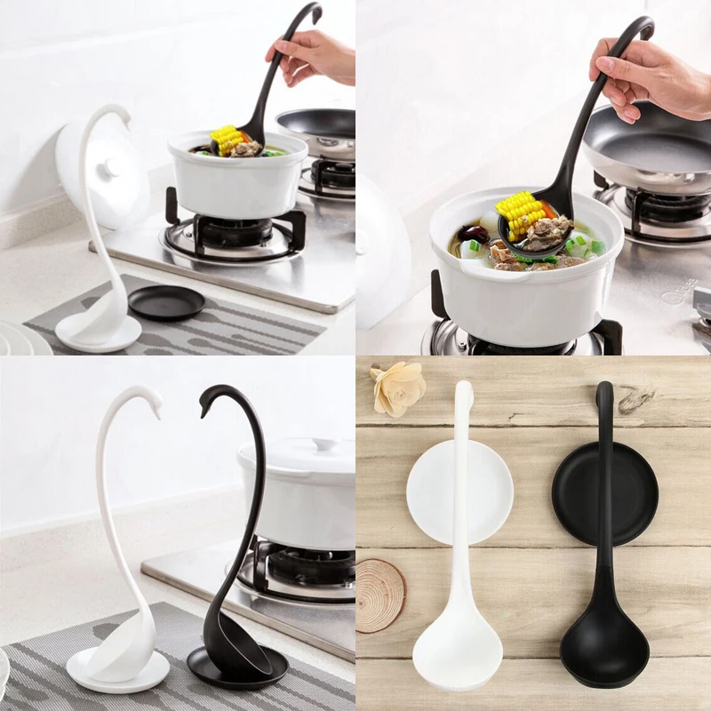 Cute Swan Soup Ladle White/Black Design Upright Swan Spoon Kitchen+Saucer CA