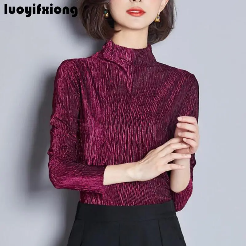 

2019 New Fashion Solid Bright Silk Blouse Women Shirts Korean Long Sleeve Turtleneck Womens Tops and Blouses Office Blusas Mujer