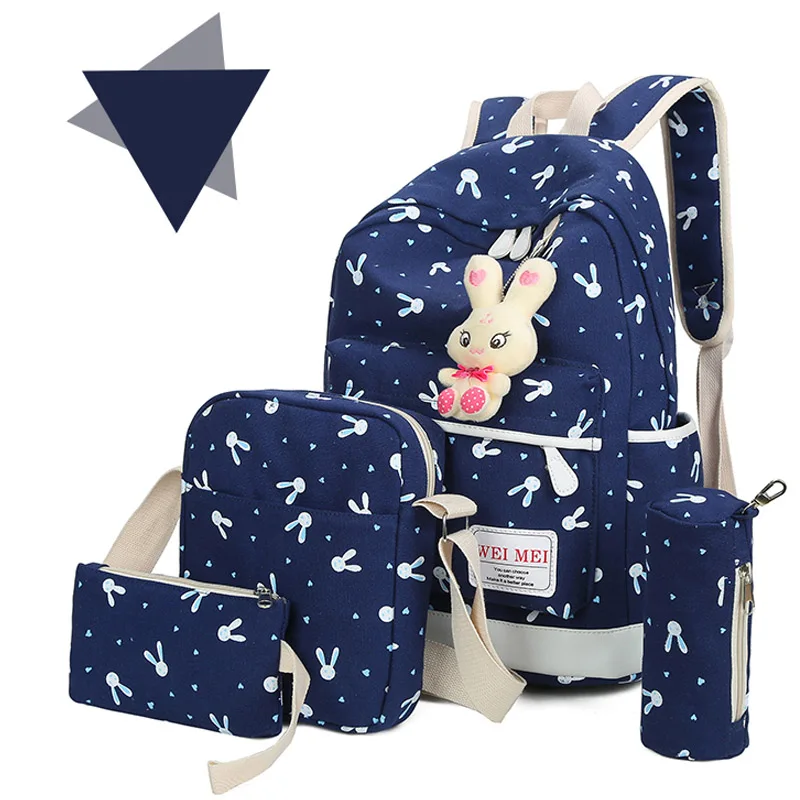 

4Pcs/Lot High Quality Rabbit Design Student's Backpack Durable Canvas School Bag Fashion Girl's Backpack with Rabbit Pendant