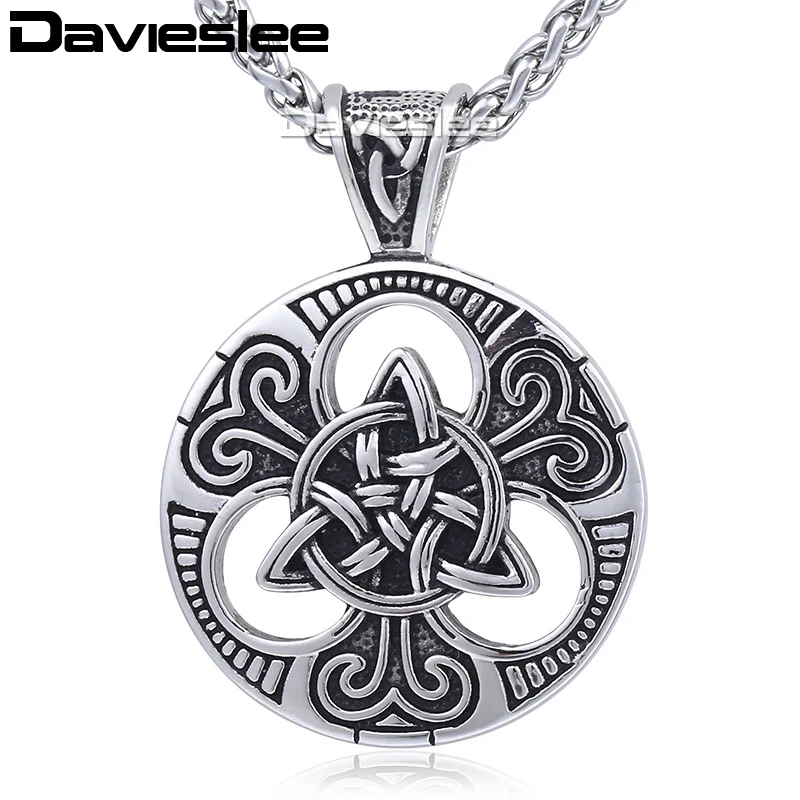 

Davieslee Round Pendant Necklace for Men Chain Carved Knot Triquetra Gold Silver 316L Stainless Steel Punk Mens Jewelry LHP530