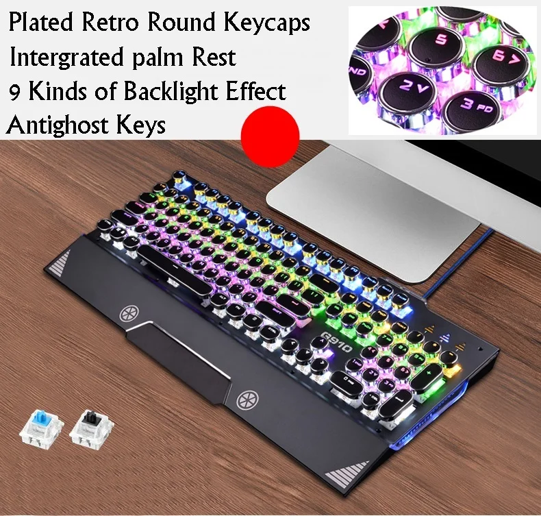 

New Typewriter Retro Round Keycap Steampunk USB Wired Ergonomic Backlit Mechanical Gaming Keyboard,Intergrated Palm Rest