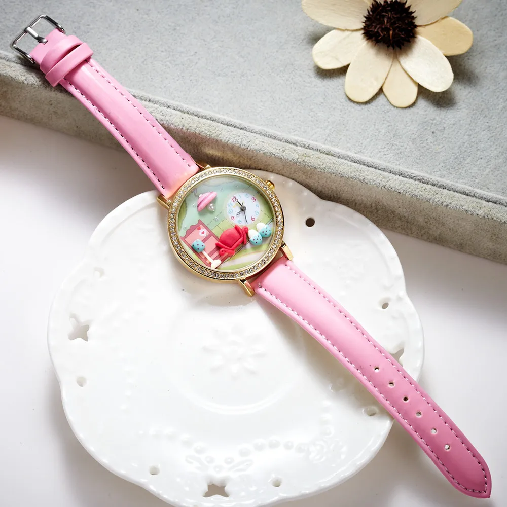 Miss Keke Clay Cute 3d Mini World Geneva rose gold Rhinestone Watches Relogio Feminino Ladies Women Leather Wristwatches 1013