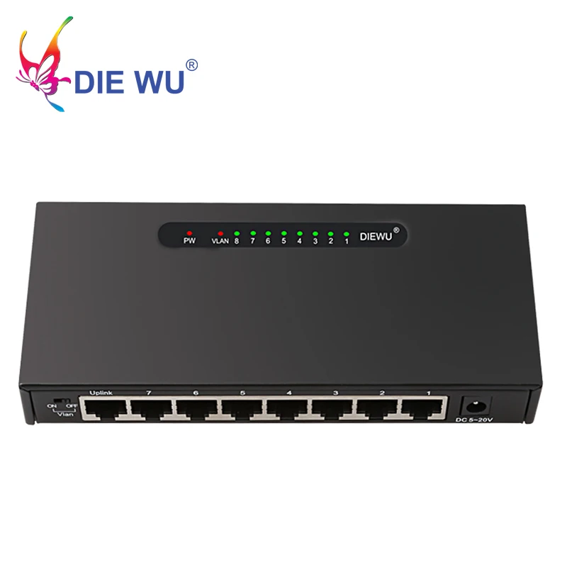 DIEWU 8 Порты Быстрый Ethernet-коммутатор 10/100 Мбит/с RJ45 концентратор Ethernet сетевой коммутатор gigabit VLAN коммутатор адаптер для настольных ПК металлический чехол