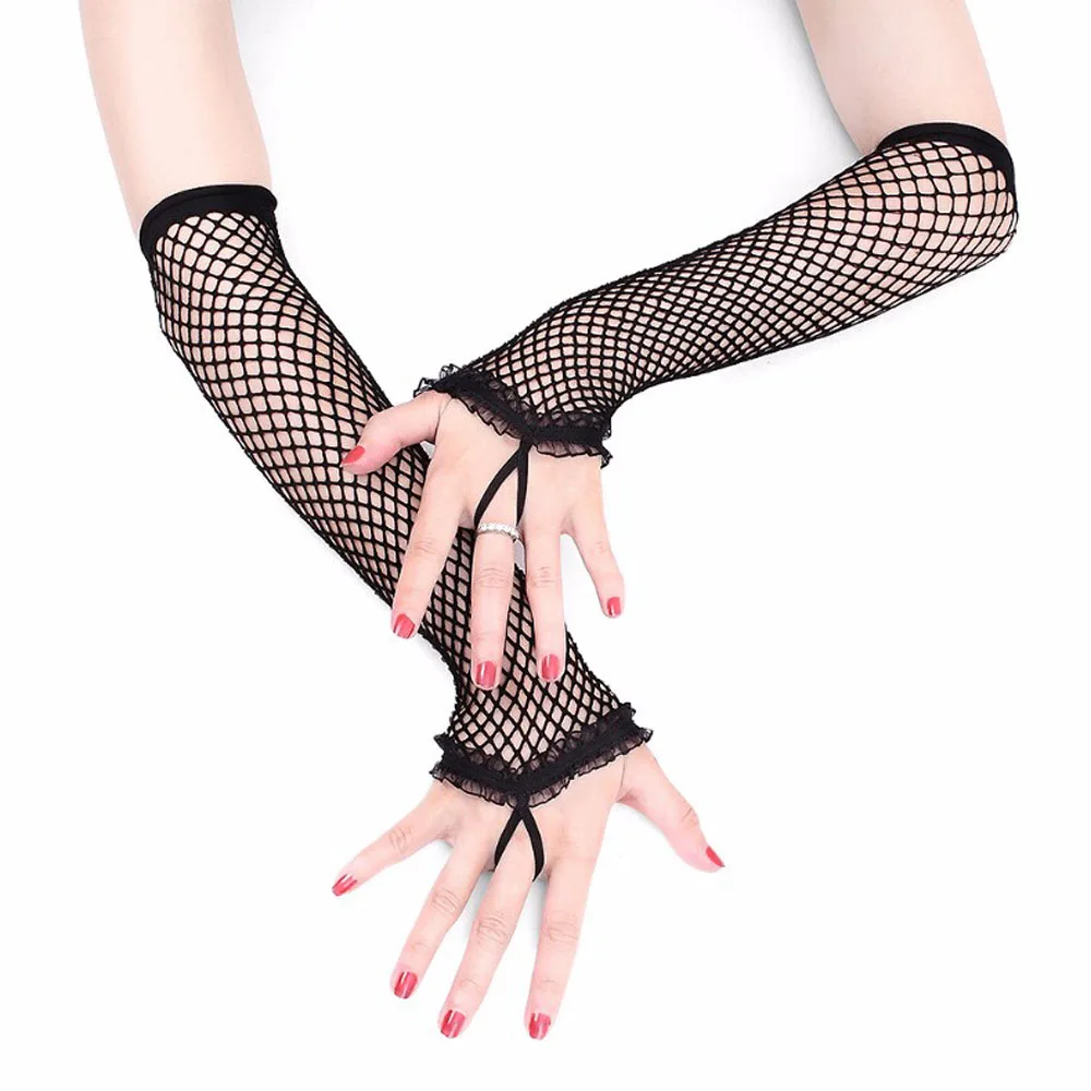 

1PC Women Solid Fingerless Gloves Sexy Party Girls Lace Mittens Net Performance Dance Long Gloves Breathable Mesh Fishnet Gloves