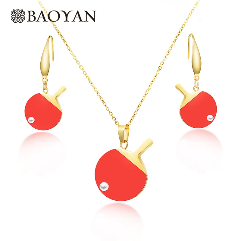 

Baoyan Gold Silver Color Unique Table Tennis Paddle Pendant Pearl Necklace Set Stainless Steel for Women for Girls Best Gift