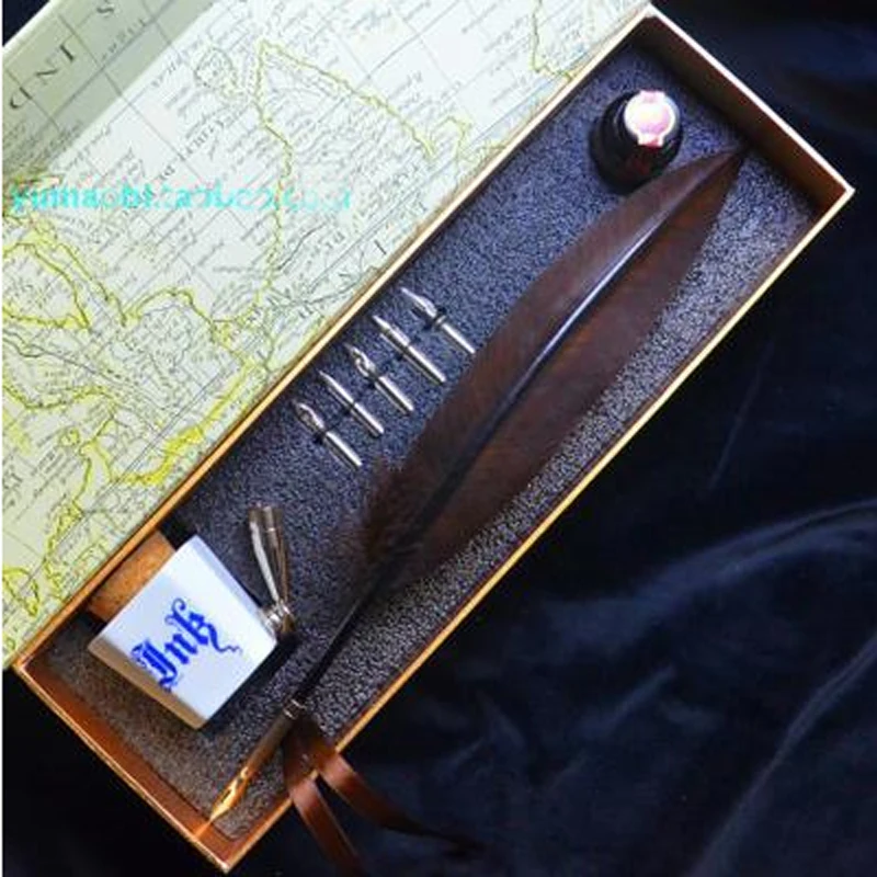 Coffee Color Quill Feather Pen Set With 5 Nibs 1 Ink Ceraminc Pen