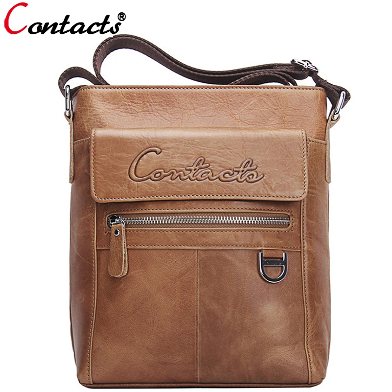 ФОТО CONTACT'S Famous Brand Men Crossbody Bag Men's Genuine leather Messenger Shoulder Bags Casual Male Briefcase Brown Bag Designer