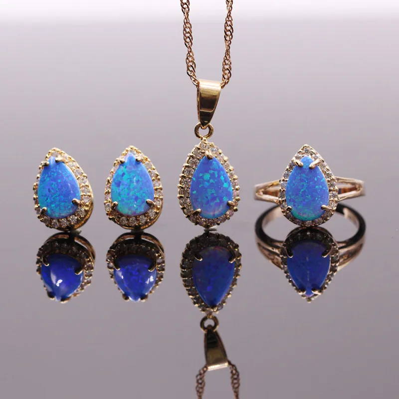 8x12mm Blue Opal Jewelry Sets Gold color Fire Opal Necklaces/Rings