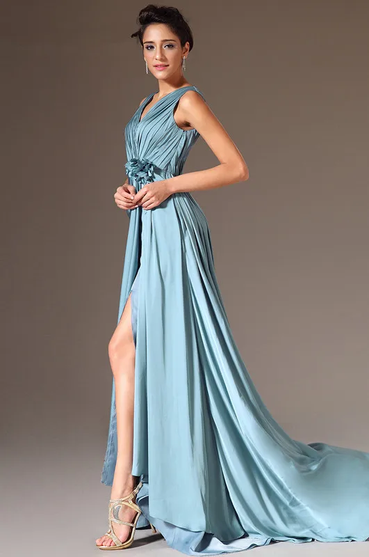 New-Arrivals-New-V-Neck-High-Slit-A-Line-Ruched-Bodice-Evening-Gown