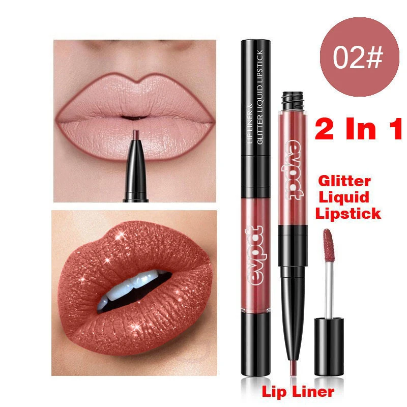 2 In 1 Dubbele Kop Matte Lipgloss Diamond Vloeibare Lipstick& Lip Liner Waterdicht Naakt Lipgloss Mate Lip stick Pen Make-Up