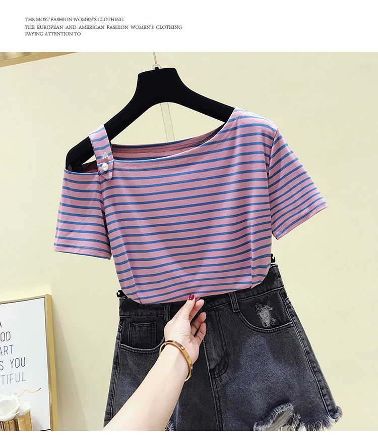 gkfnmt T-Shirt Cotton Striped Slash Neck T Shirt Women Ladies Tshirt Summer Top Female Short Sleeve Casual Tee Shirt Femme