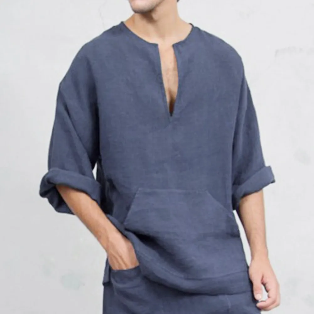 

2019 NEW Fashion Mens Long Sleeve Henley Shirt Cotton Linen Beach Loose Fit Tops Blouse Daily Free shipping djellaba dubai 4.15