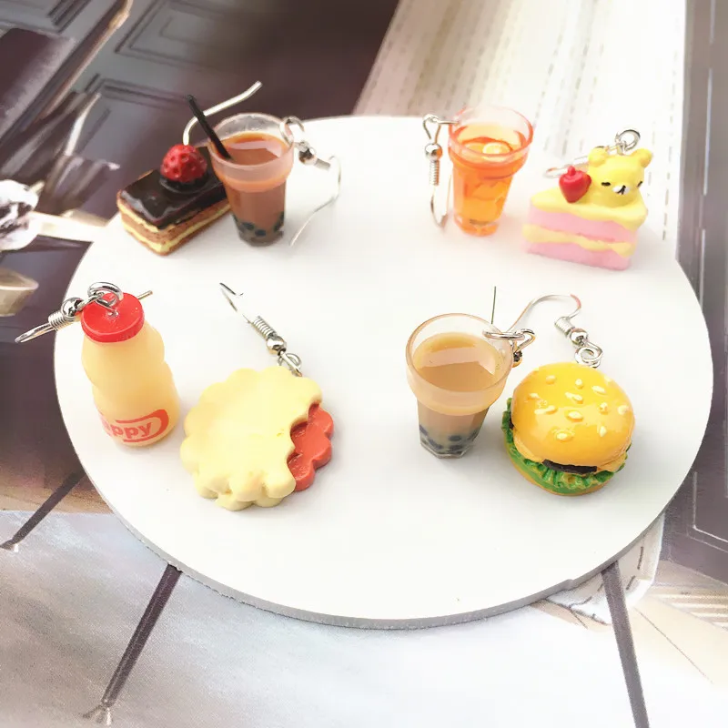 

Cute Cake Bubble Tea Asymmetric Drop Earrings Resin Milk Tea Hamburg Sweet Food Earring for Girl Funny Party Unique Jewelry Gift
