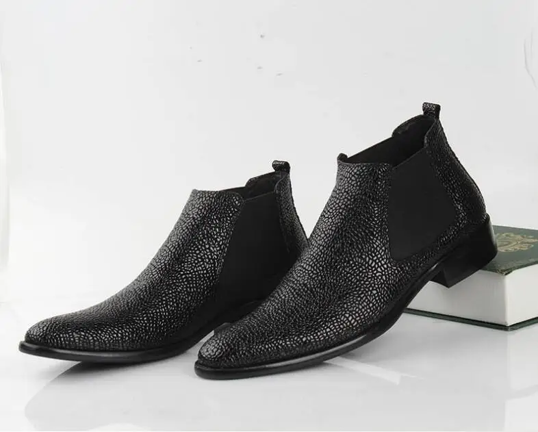 Bottes Talon Cuir Slip On Casual Robe Cheville Bande Black Med De Noir Orteils Pointés Top Chaussures Véritable High Élastique Hommes v0mwNn8O
