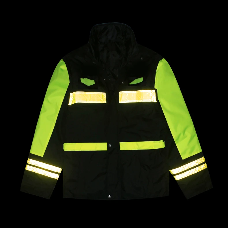 Черная рабочая одежда зимняя водонепроницаемая куртка с желтой светоотражающей лентой