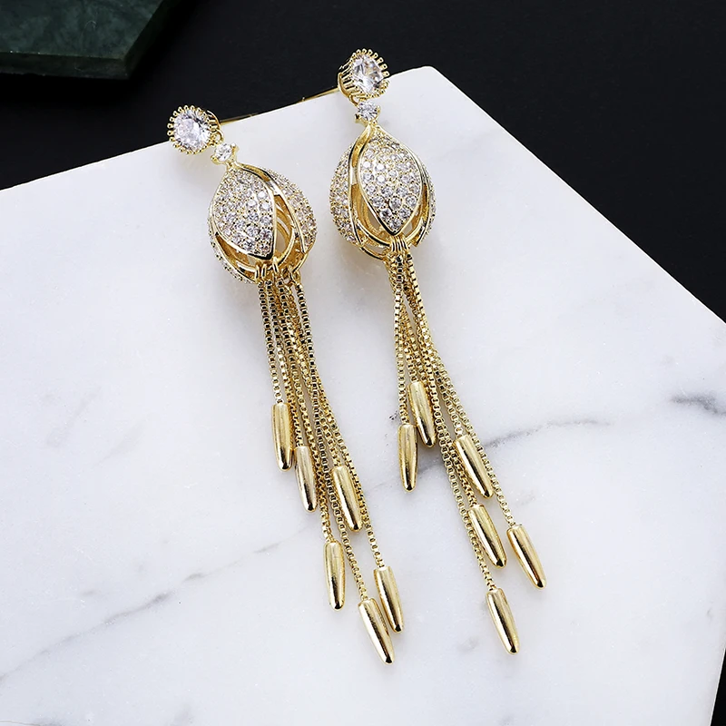 

Chain Tassel Earrings Gold Silver Color Women Drop Earrings for Party Wedding High Quality Zircon Copper Material XIUMEIYIZU
