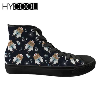 

HYCOOL Cartoon Nurse Bear Pattern Cute Women Walking Shoes Outdoor High Top Sneakers for Female Canvas Sports Shoes Ladies Flat