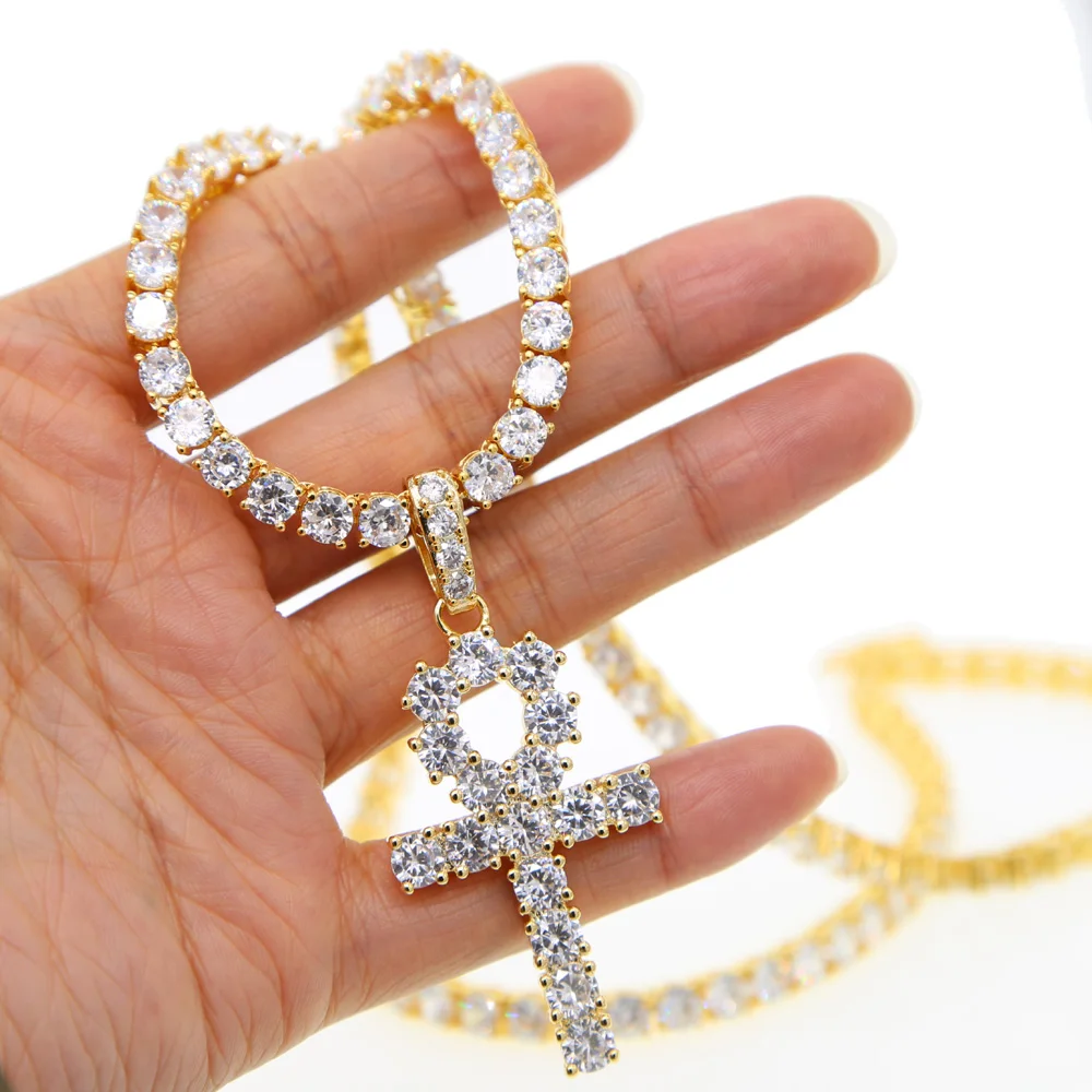 

2017 Men's Hip Hop Bling Bling Iced Out Tennis gold chain cubic zirconia Ankh Key Of Life Pendant Necklace gold chain men 60cm