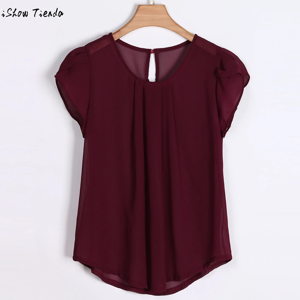 Pure Red Blouse Blusa Chiffon Women Office Shirt Summer Puff Short