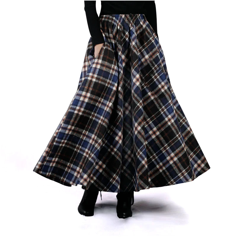 2017 Herfst Winter Vrouwen Rok Vintage en Retro Wol Maxi Rok Elastische Taille Plaid Klassieke Dikke Warme Rokken Saias Longa