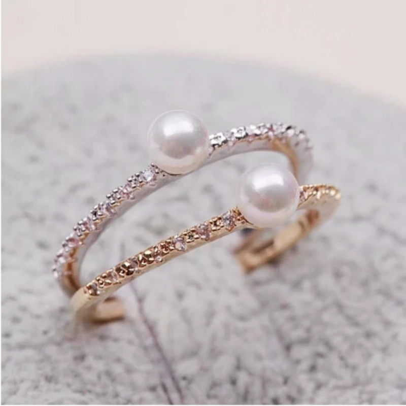 

Korean Cubic Zirconia Delicate Ring Fashion Design Shining Lovely Gold Silver Color Rings Jewelry Imitation Pearls Ring Perfect